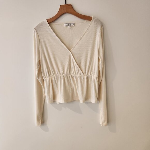 Hippie Rose Surplice V-Neck Top Ribbed Hem Ivory Long Sleeve Juniors Large - Picture 2 of 9